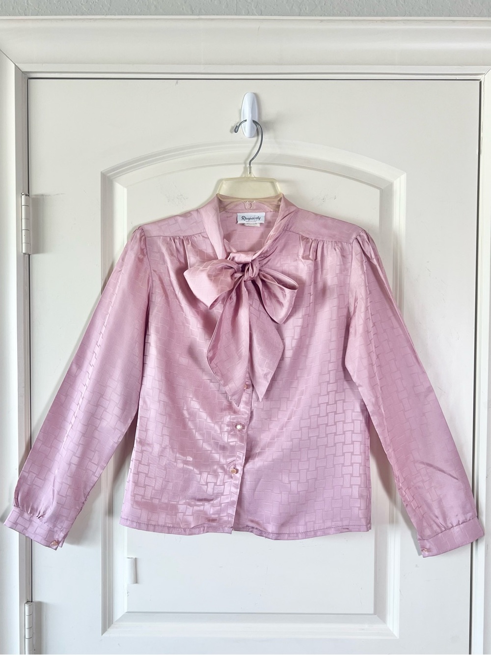 Vintage Rhapsody Pink Satin Jacquard Blouse 70s 80s Secretary Bow Tie Top